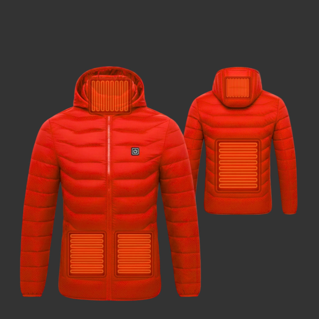 Red jacket with heat management features on a gray background